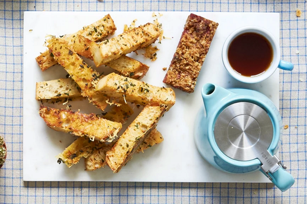 Boiled eggs with buttery herb‑Gruyere toast soldiers