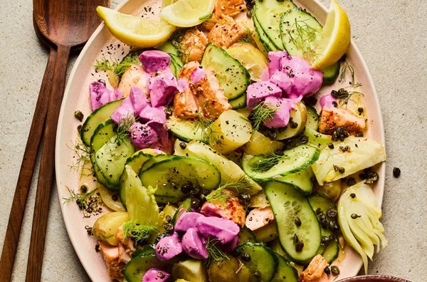 Boiled fennel & baby potato salad with hot smoked salmon