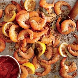 Boiled shrimp with tangy cocktail sauce