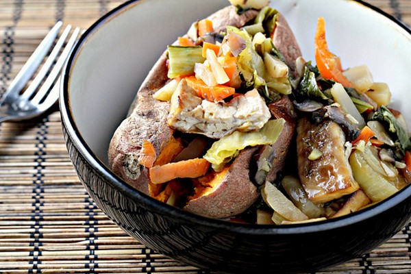 Bok choy and baked tofu stir fry in citrus-ginger sauce