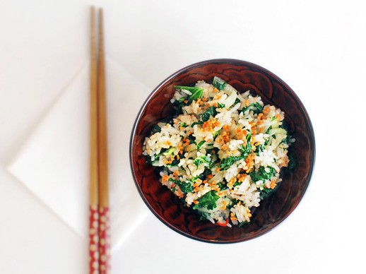 Bok choy and kale fried rice with fried garlic
