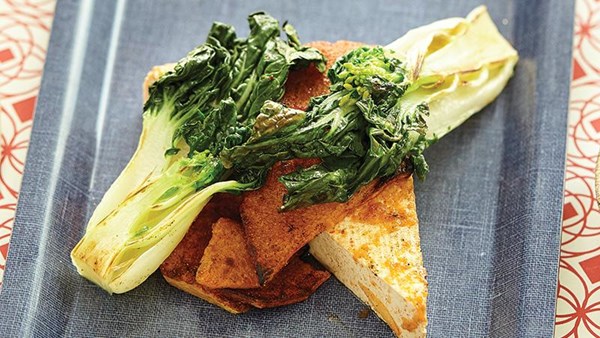 Bok choy, butternut squash, and spicy tofu triangles