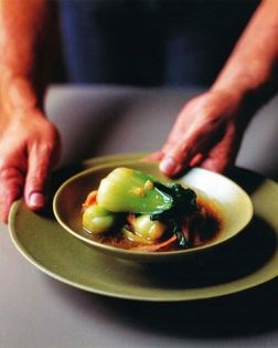 Bok choy stir-fried with prosciutto and chicken fat