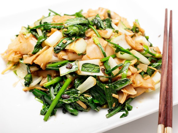 Bok choy with chives, black bean sauce, and chow fun
