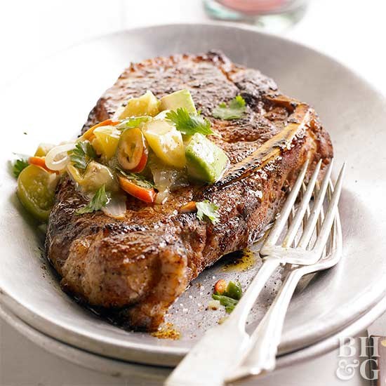 Bone-in strip steaks with tomatillo salsa