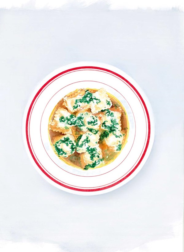 Bone-marrow ravioli salsa verde & red wine jus