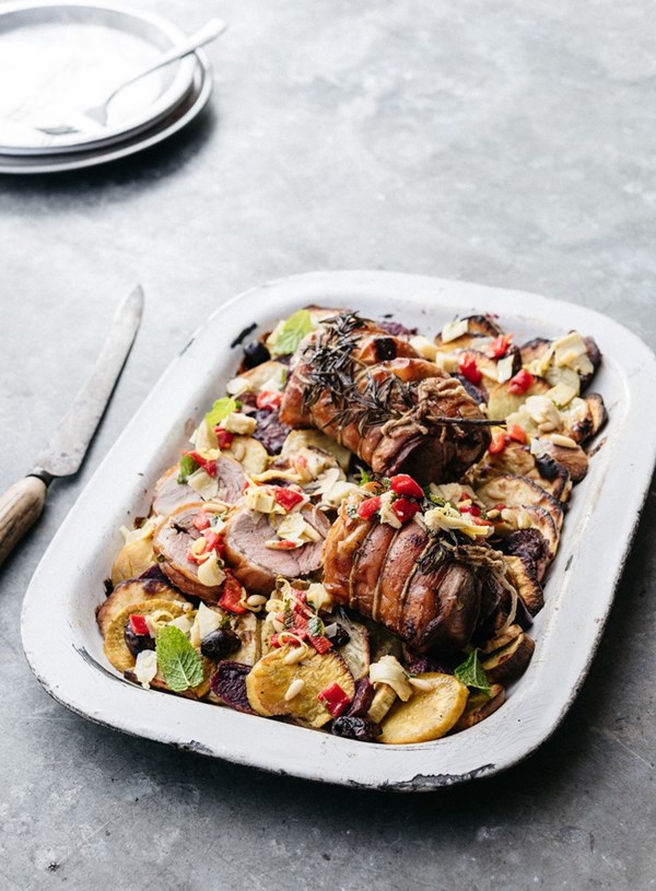Boned lamb short loins with artichoke, capsicum and mint salsa