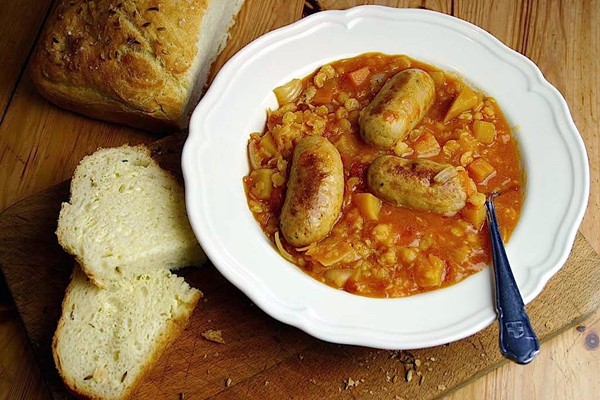 Bonfire bangers, pumpkin and lentil stew