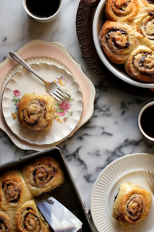 Bonkers awesome pistachio, orange, and dark chocolate cinnamon rolls