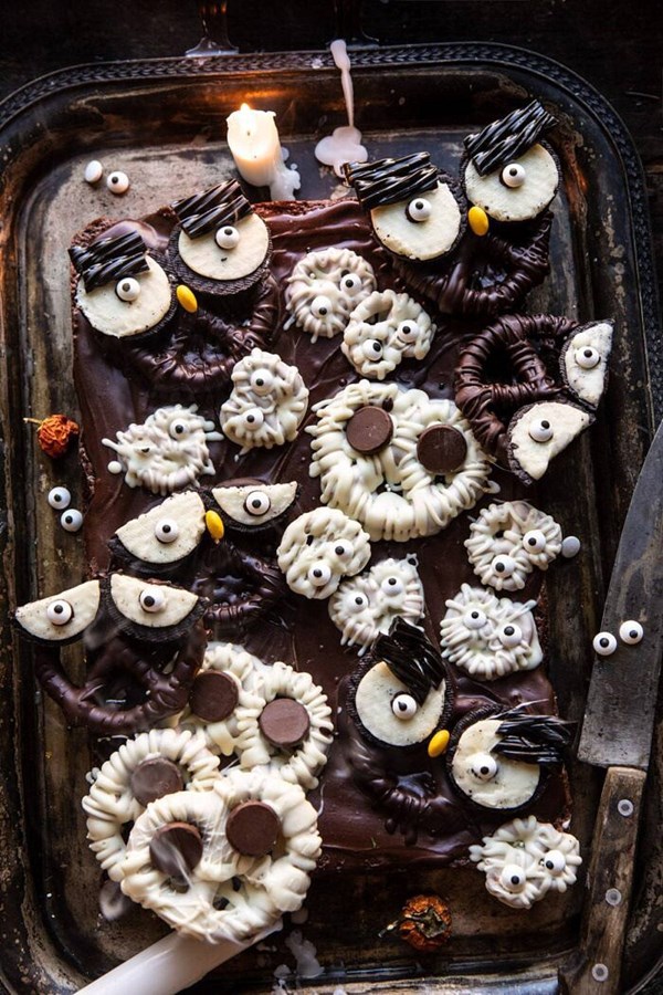 Boo! spooky monster chocolate covered pretzel brownies