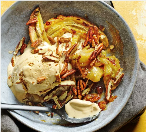 Boozy baked caramelised bananas