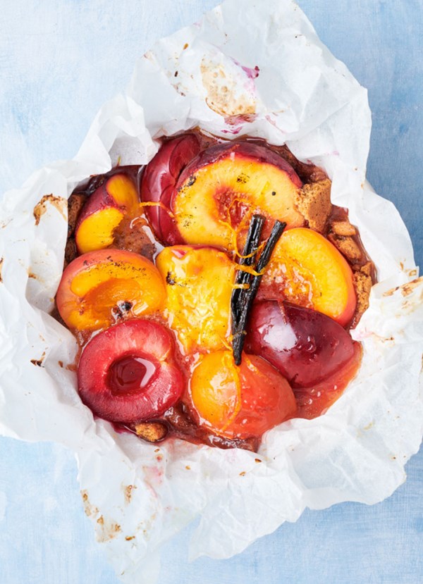 Boozy barbecued stone fruit parcels