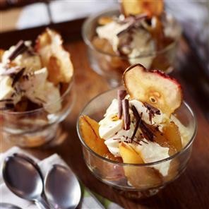 Boozy caramelised pear trifles with pear crisps