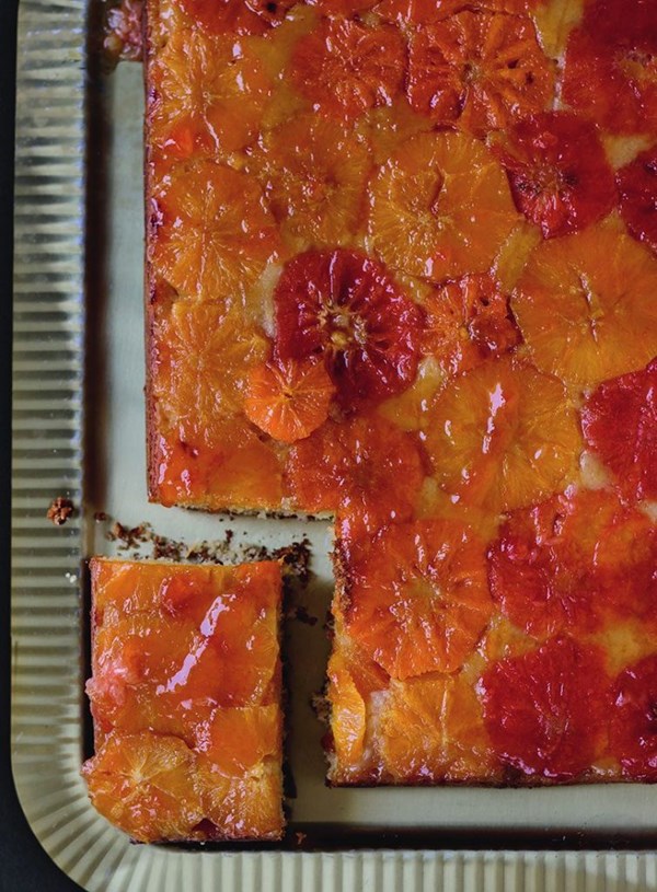 Boozy citrus & almond upside-down sheet cake