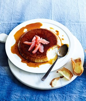 Boozy crème caramel with grapefruit tuiles