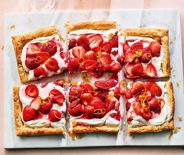 Boozy orange & roasted strawberry tart