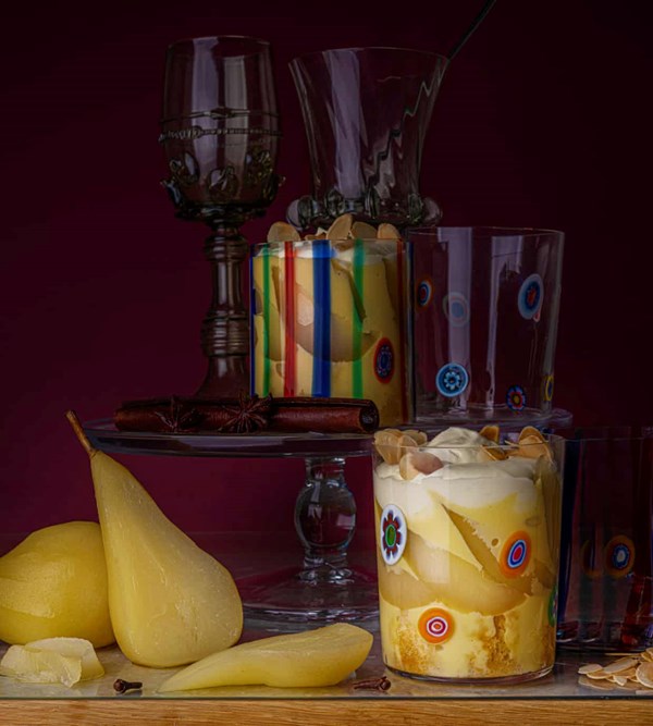 Boozy poached pear trifle