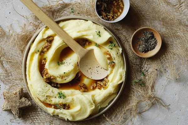 Boozy potato mash with maple pecan butter