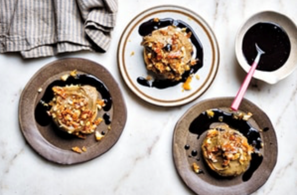 Boozy sponge with espresso cremeux, chocolate sauce and macadamia praline