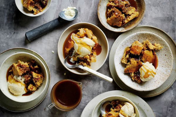 Boozy sticky date pudding with brown butter sauce [Carina la Delfa]