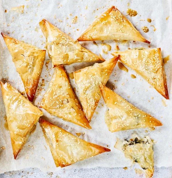 Börek with feta, greens and dark molasses tahini