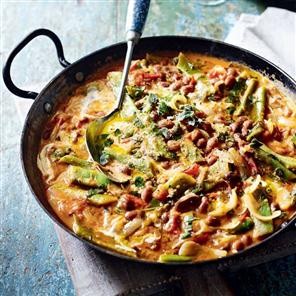 Borlotti and runner beans with sage, tomato and garlic