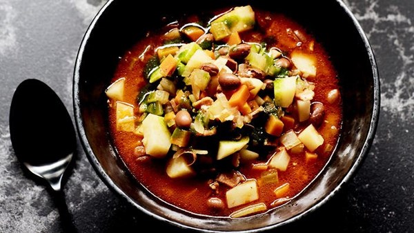Borlotti bean & bacon soup with basil oil