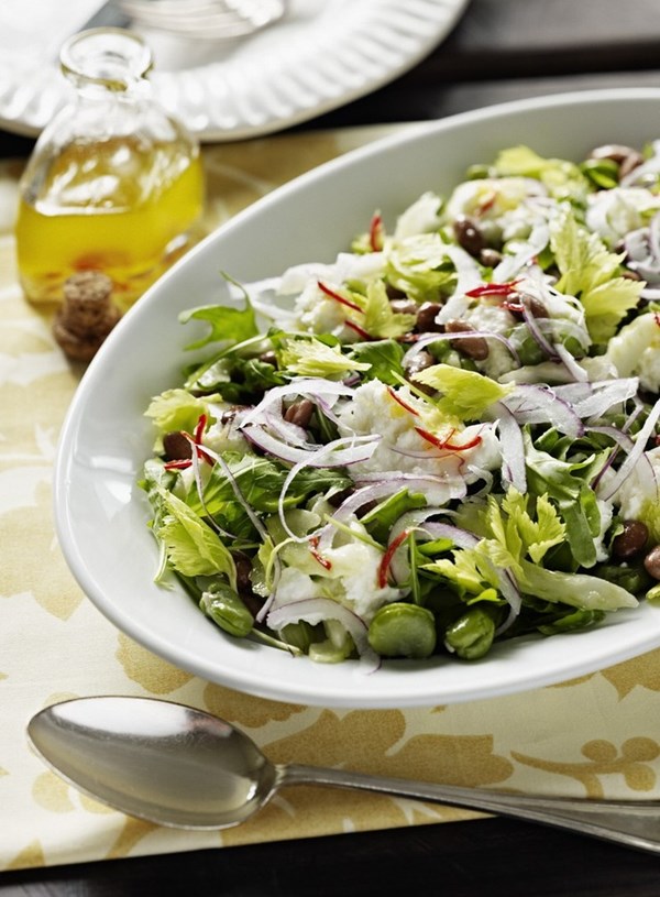 Borlotti bean and broad bean salad with buffalo mozzarella