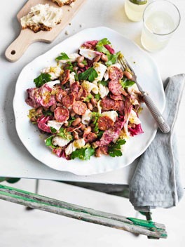 Borlotti bean, calamari and salami salad with fennel seed dressing