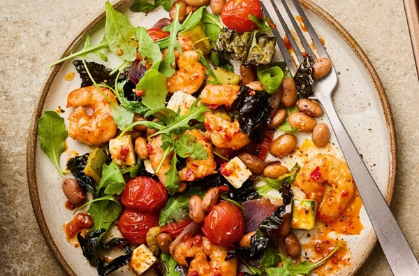 Borlotti beans with feta & chilli prawns