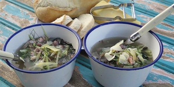 Borlotti broth with garden veggies and smoked trout