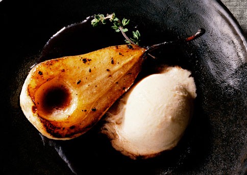 Bosc pears in rosé wine with persimmon ice cream