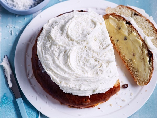 Boston bun with vanilla-coconut frosting