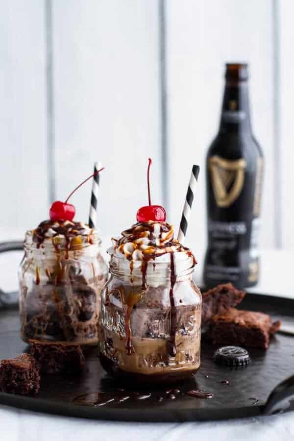 Bottoms up brownie sundae Irish floats with burnt Irish caramel + hot fudge