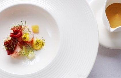 Bouillabaisse with cock crab and poached lobster