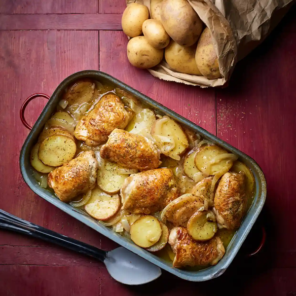 Boulangere one pan with roast chicken thighs