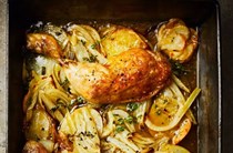 Boulangère vegetables with crisp chicken & Dijon apples