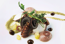 Bourbon barrel smoked octopus with eel brandade, Kalamata olive foam, shishito pepper puree & black garlic sauce