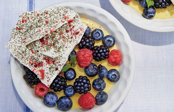 Bourbon custard with berry dust meringues