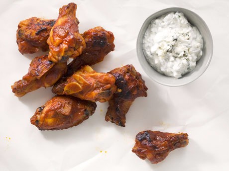 Bourbon-glazed chicken drumettes with blue cheese dipping sauce