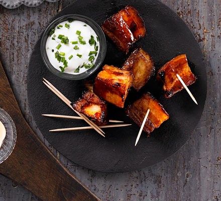 Bourbon-glazed pork belly chunks