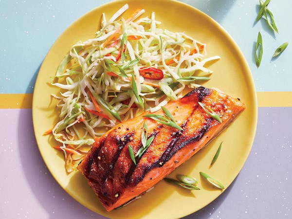 Bourbon-glazed salmon with firecracker slaw
