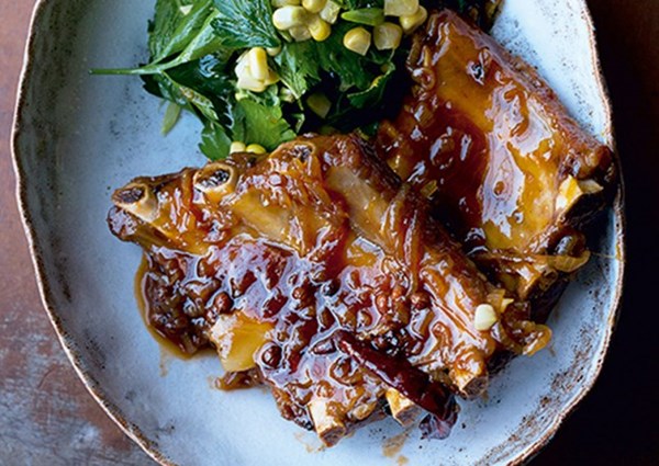 Bourbon-glazed spare ribs with smoked corn salad