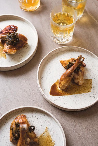 Bourbon-molasses glazed chicken with bitter greens [Jordan Felix & Ben Grossman, Multnomah Whiskey Library]