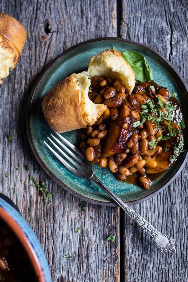 Bourbon peach BBQ baked beans
