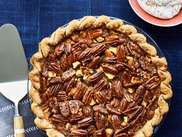 Bourbon-pecan-apple pie with cinnamon whipped cream