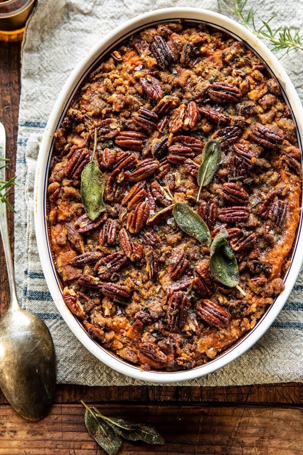 Bourbon sweet potato casserole with sweet ‘n’ savory bacon pecans