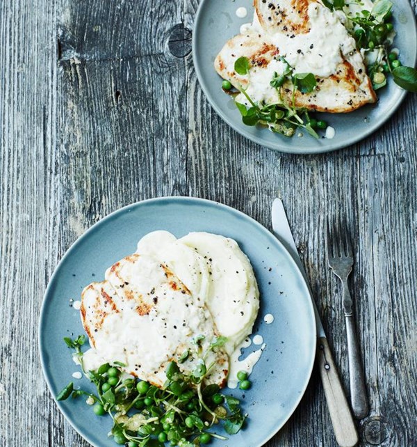 Boursin chicken with watercress and pea salad