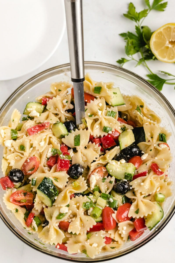Bow tie pasta salad with summer vegetables [red wine vinaigrette]