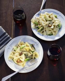 Bow ties with Brussels sprouts, Gorgonzola, and hazelnuts